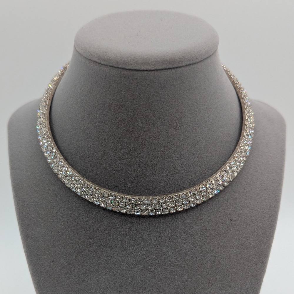 Silver Tone 3 Row Rhinestone Choker Necklace Aurora‎ Borealis Crystal Statement